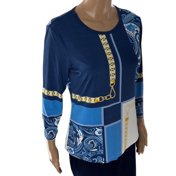 J. McLaughlin Blue Catalina Cloth Mixed Print Paisley Chain Top - Picture 4 of 9